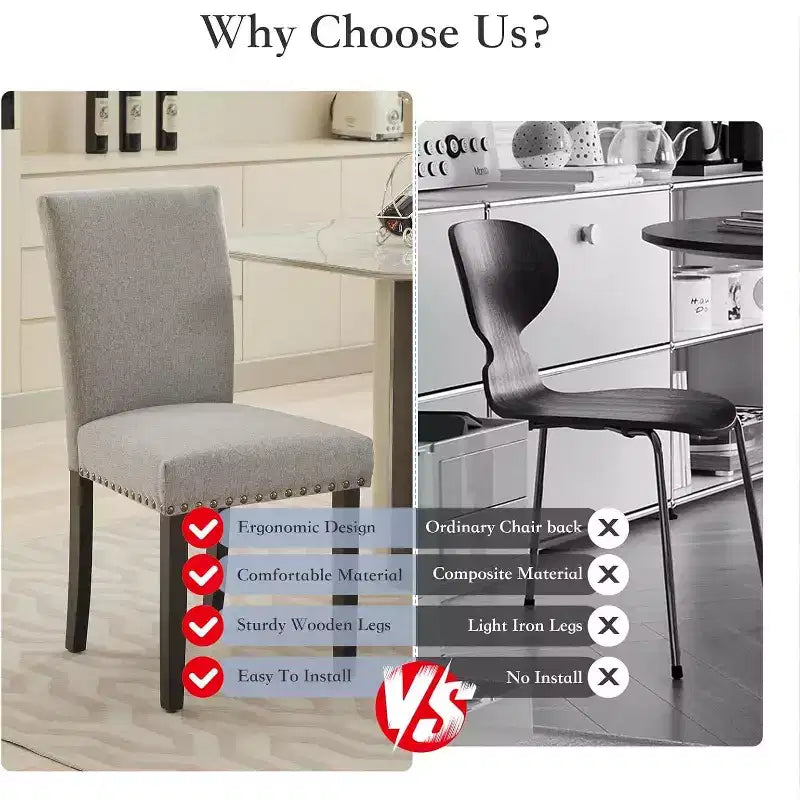 Lot de 2 chaises de salle à manger rembourrées, chaises Parsons ergonomiques à dossier haut en tissu avec garniture cloutée pour cuisine/salle à manger/hôtel