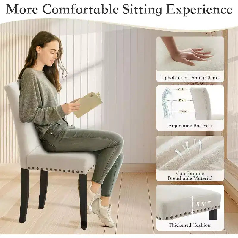 Lot de 2 chaises de salle à manger rembourrées, chaises Parsons ergonomiques à dossier haut en tissu avec garniture cloutée pour cuisine/salle à manger/hôtel