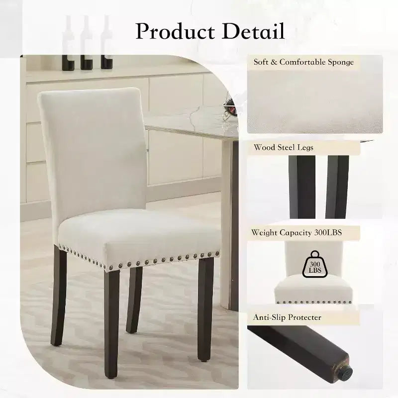 Lot de 2 chaises de salle à manger rembourrées, chaises Parsons ergonomiques à dossier haut en tissu avec garniture cloutée pour cuisine/salle à manger/hôtel