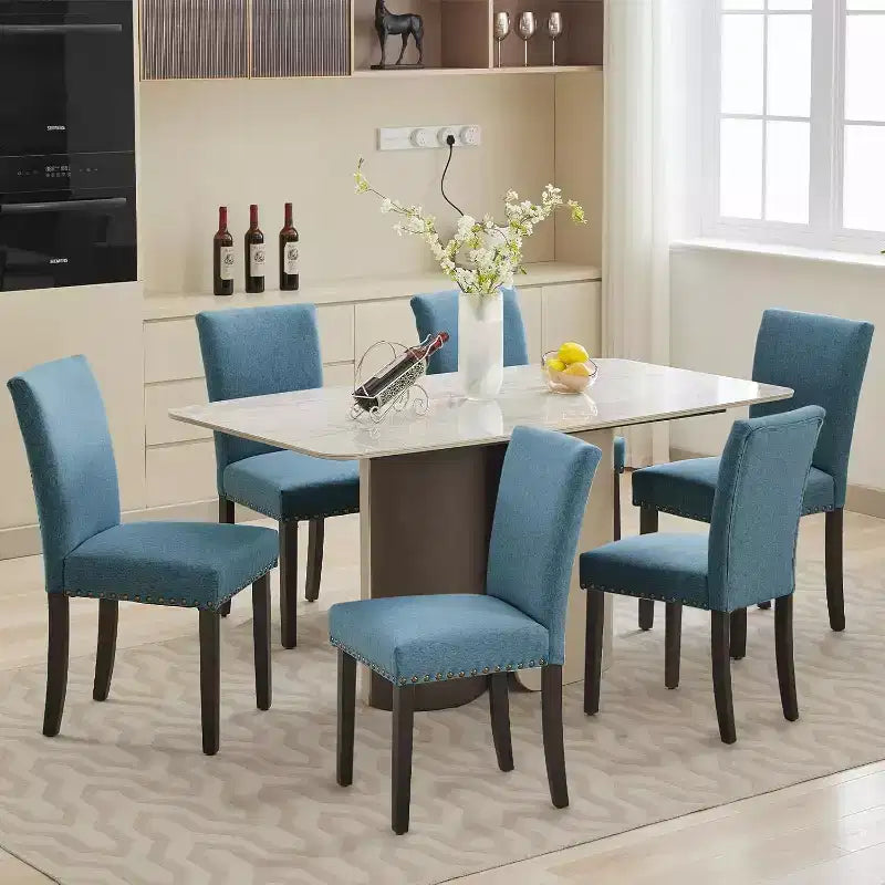 Lot de 2 chaises de salle à manger rembourrées, chaises Parsons ergonomiques à dossier haut en tissu avec garniture cloutée pour cuisine/salle à manger/hôtel