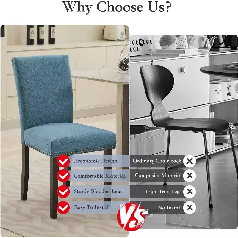 Lot de 2 chaises de salle à manger rembourrées, chaises Parsons ergonomiques à dossier haut en tissu avec garniture cloutée pour cuisine/salle à manger/hôtel