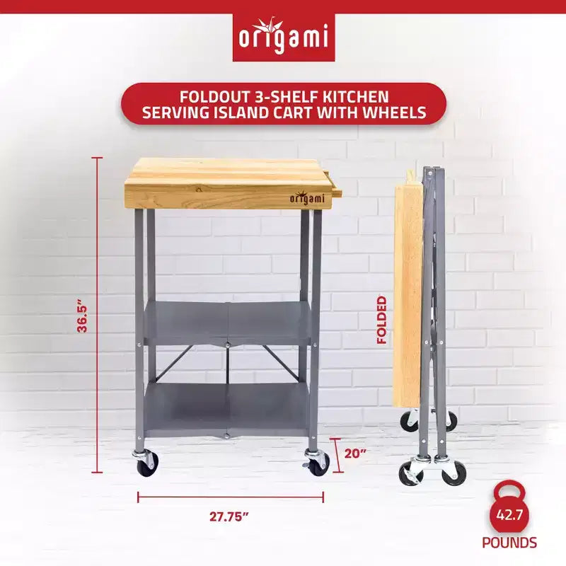 Origami Foldable Kitchen Island Cart, Wheeled Rolling Storage Cart with Shelves, Portable Prep Table for Kitchen, Dining Rooms, and Patios