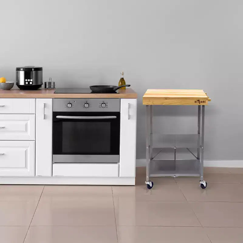 Origami Foldable Kitchen Island Cart, Wheeled Rolling Storage Cart with Shelves, Portable Prep Table for Kitchen, Dining Rooms, and Patios
