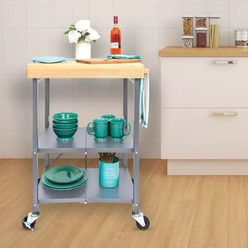 Origami Foldable Kitchen Island Cart, Wheeled Rolling Storage Cart with Shelves, Portable Prep Table for Kitchen, Dining Rooms, and Patios