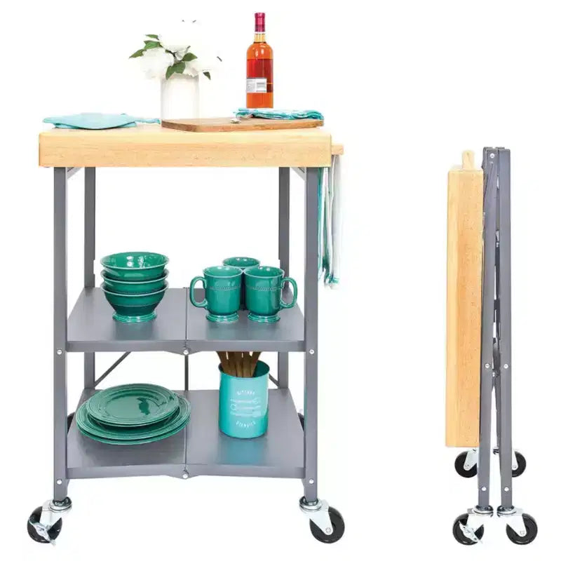 Origami Foldable Kitchen Island Cart, Wheeled Rolling Storage Cart with Shelves, Portable Prep Table for Kitchen, Dining Rooms, and Patios
