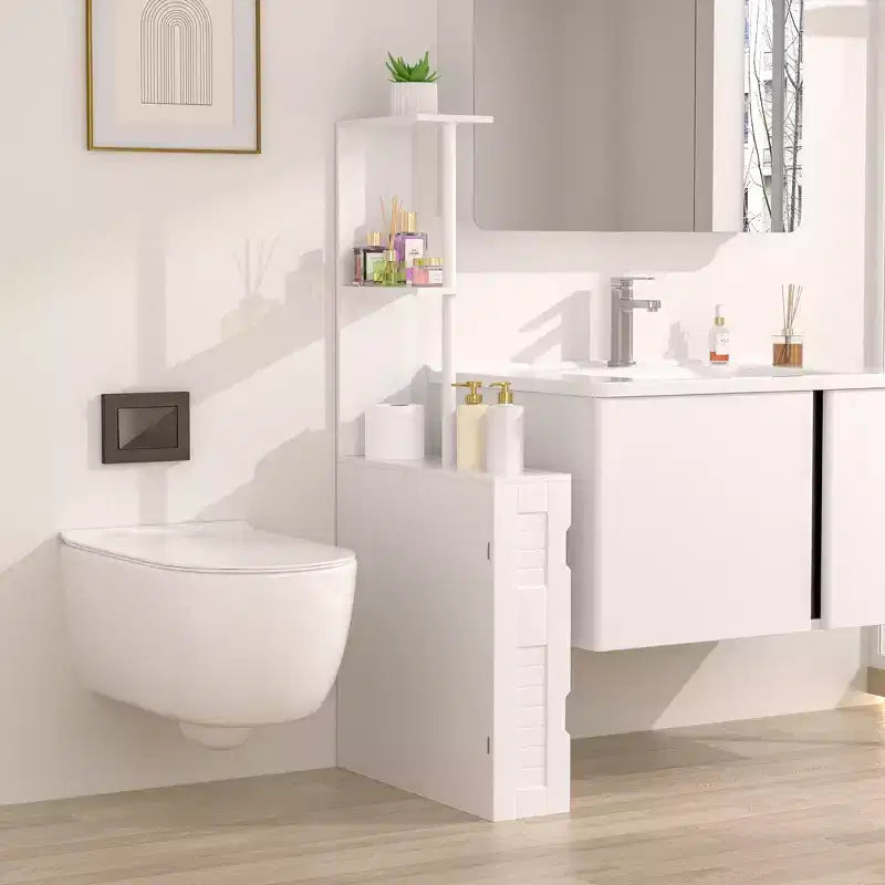 Meuble de Rangement Étroit VECELO pour Salle de Bain, Organisateur de Rangement Mince avec 2 Étagères Ouvertes et une Porte, Meuble Autoportant pour Petits Espaces, Blanc