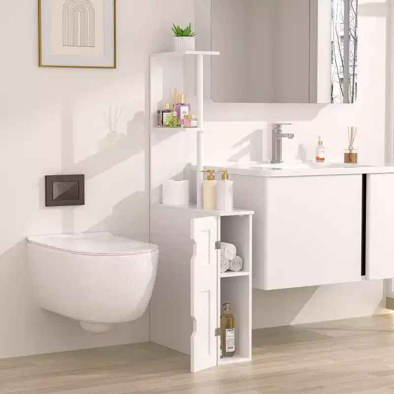 Meuble de Rangement Étroit VECELO pour Salle de Bain, Organisateur de Rangement Mince avec 2 Étagères Ouvertes et une Porte, Meuble Autoportant pour Petits Espaces, Blanc