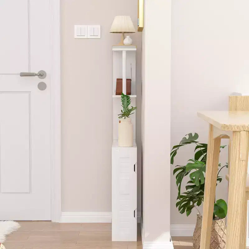 Meuble de Rangement Étroit VECELO pour Salle de Bain, Organisateur de Rangement Mince avec 2 Étagères Ouvertes et une Porte, Meuble Autoportant pour Petits Espaces, Blanc