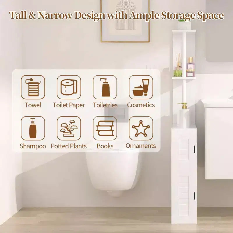 Meuble de Rangement Étroit VECELO pour Salle de Bain, Organisateur de Rangement Mince avec 2 Étagères Ouvertes et une Porte, Meuble Autoportant pour Petits Espaces, Blanc