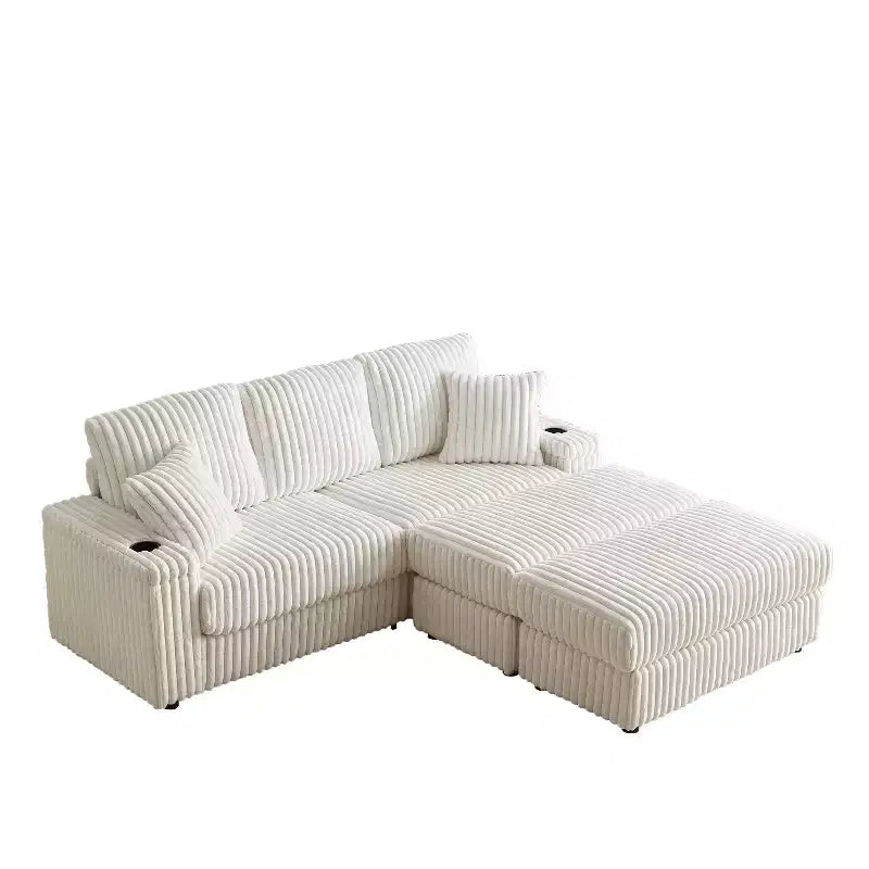 84-Inch Corduroy 3-Seater Sofa with 3 Back Pillows, 2 Toss Pillows, 2 Ottoman, 2 Storage Spaces and Cup-Holding Grooves