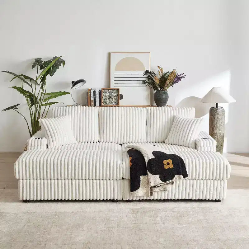 84-Inch Corduroy 3-Seater Sofa with 3 Back Pillows, 2 Toss Pillows, 2 Ottoman, 2 Storage Spaces and Cup-Holding Grooves