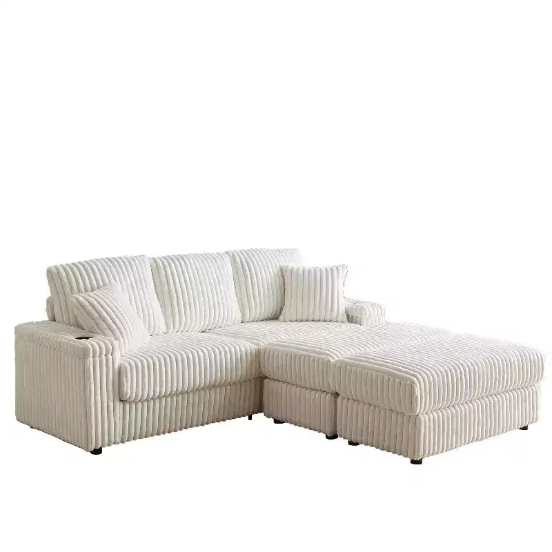84-Inch Corduroy 3-Seater Sofa with 3 Back Pillows, 2 Toss Pillows, 2 Ottoman, 2 Storage Spaces and Cup-Holding Grooves