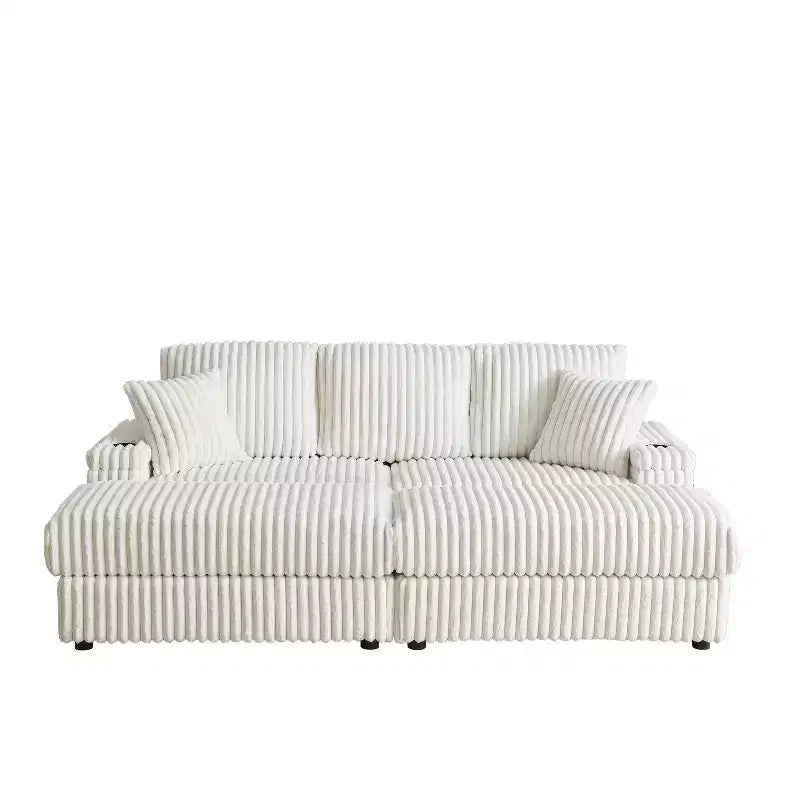 84-Inch Corduroy 3-Seater Sofa with 3 Back Pillows, 2 Toss Pillows, 2 Ottoman, 2 Storage Spaces and Cup-Holding Grooves