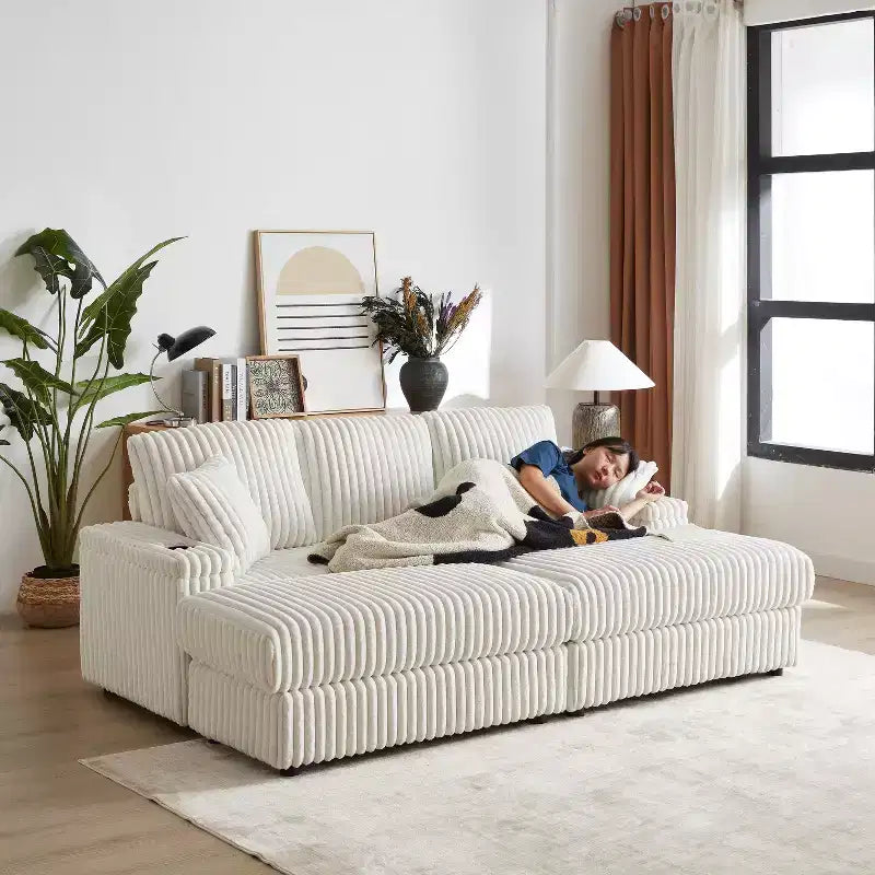 84-Inch Corduroy 3-Seater Sofa with 3 Back Pillows, 2 Toss Pillows, 2 Ottoman, 2 Storage Spaces and Cup-Holding Grooves
