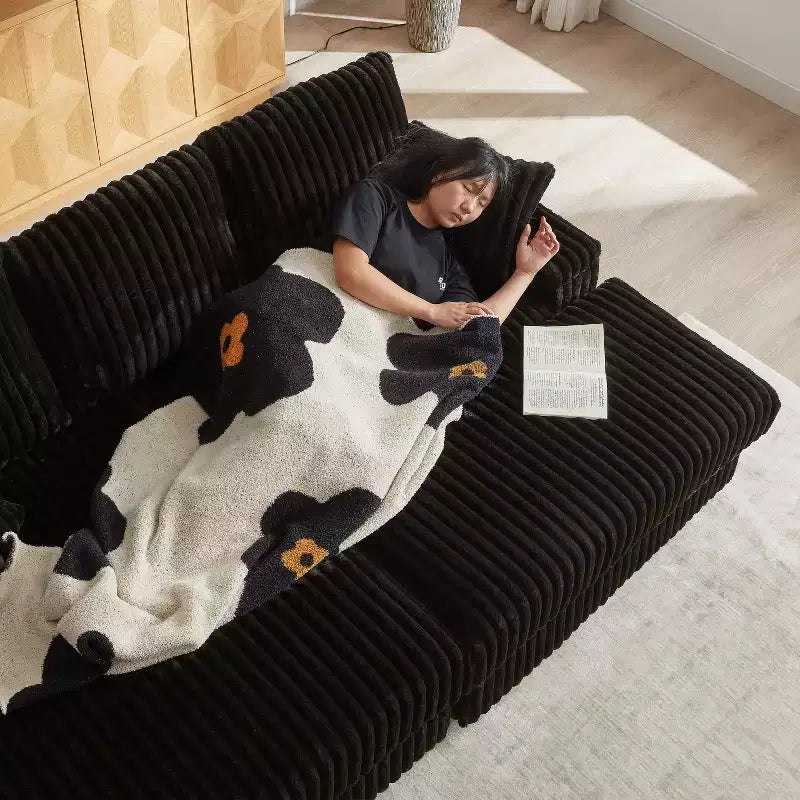 84-Inch Corduroy 3-Seater Sofa with 3 Back Pillows, 2 Toss Pillows, 2 Ottoman, 2 Storage Spaces and Cup-Holding Grooves