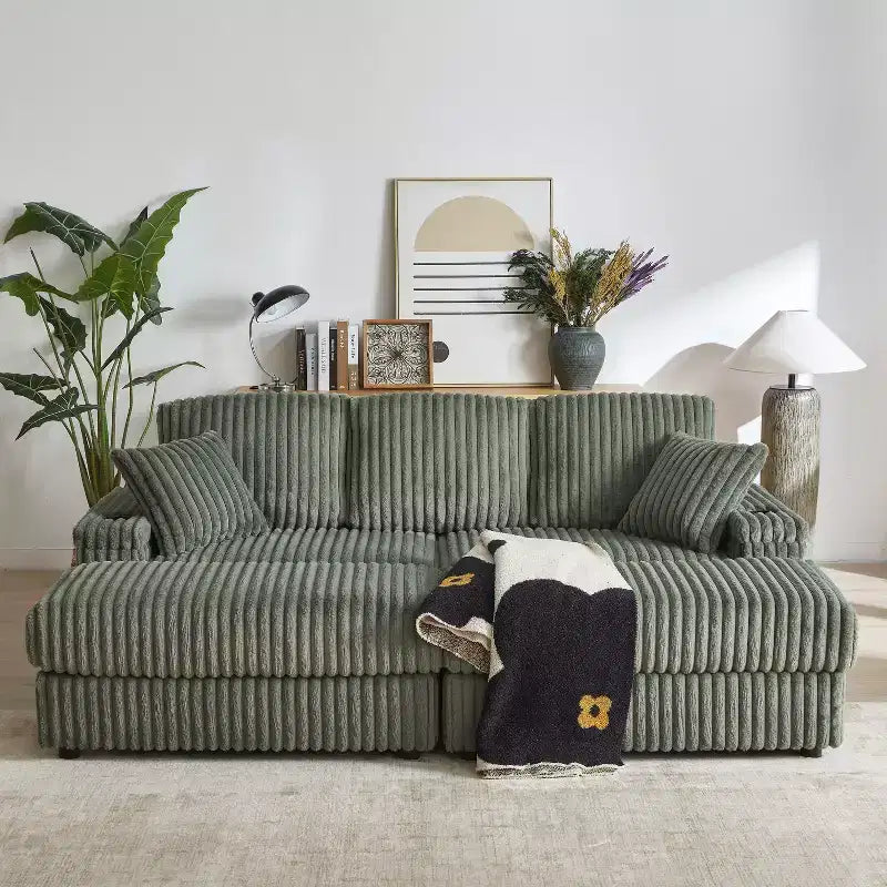 84-Inch Corduroy 3-Seater Sofa with 3 Back Pillows, 2 Toss Pillows, 2 Ottoman, 2 Storage Spaces and Cup-Holding Grooves