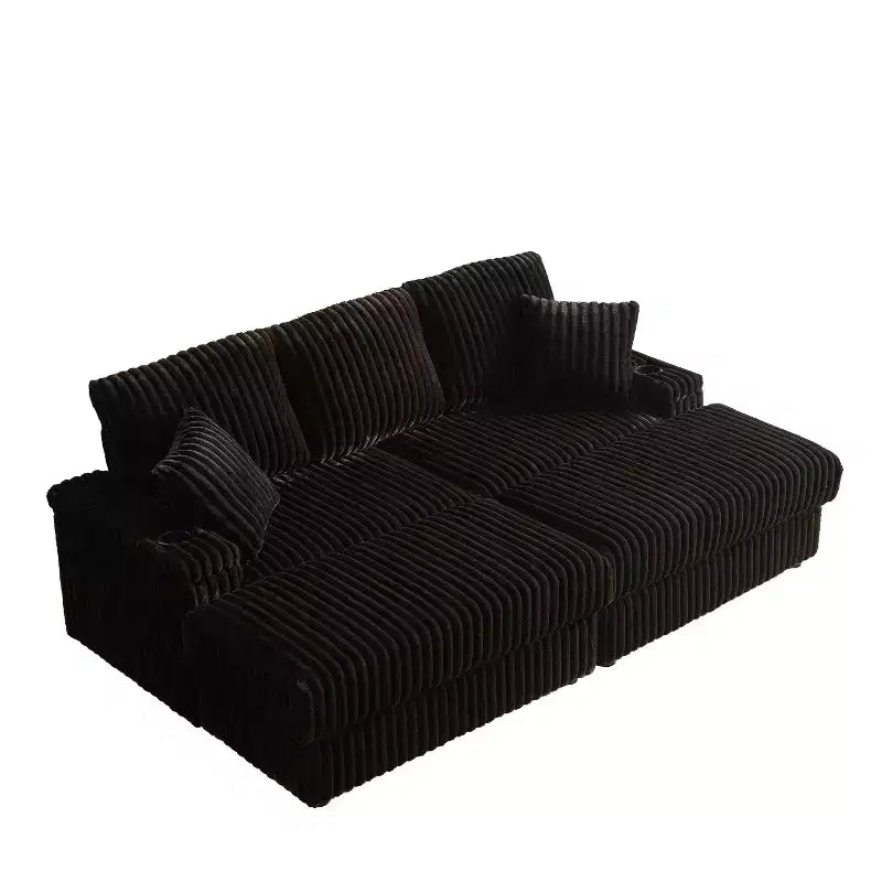 84-Inch Corduroy 3-Seater Sofa with 3 Back Pillows, 2 Toss Pillows, 2 Ottoman, 2 Storage Spaces and Cup-Holding Grooves