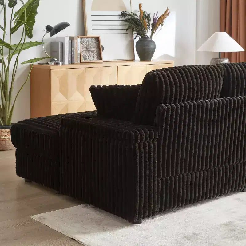 84-Inch Corduroy 3-Seater Sofa with 3 Back Pillows, 2 Toss Pillows, 2 Ottoman, 2 Storage Spaces and Cup-Holding Grooves