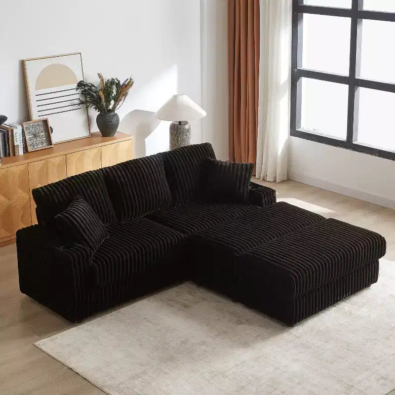 84-Inch Corduroy 3-Seater Sofa with 3 Back Pillows, 2 Toss Pillows, 2 Ottoman, 2 Storage Spaces and Cup-Holding Grooves