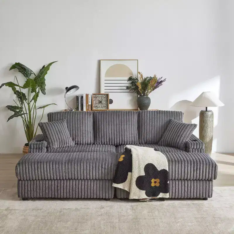 84-Inch Corduroy 3-Seater Sofa with 3 Back Pillows, 2 Toss Pillows, 2 Ottoman, 2 Storage Spaces and Cup-Holding Grooves
