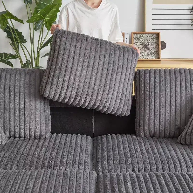 84-Inch Corduroy 3-Seater Sofa with 3 Back Pillows, 2 Toss Pillows, 2 Ottoman, 2 Storage Spaces and Cup-Holding Grooves