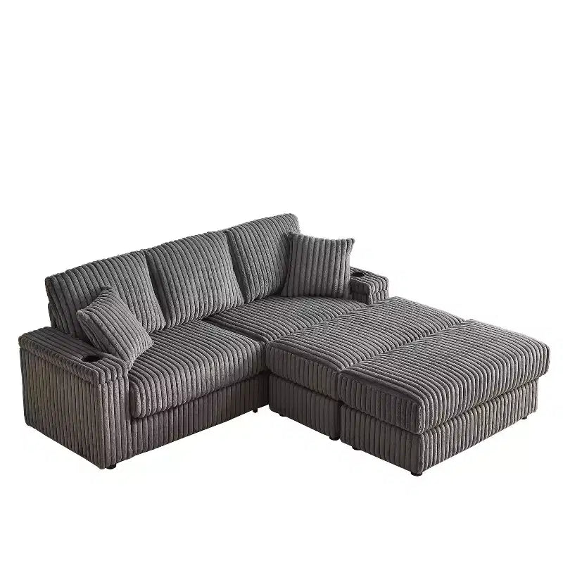 84-Inch Corduroy 3-Seater Sofa with 3 Back Pillows, 2 Toss Pillows, 2 Ottoman, 2 Storage Spaces and Cup-Holding Grooves