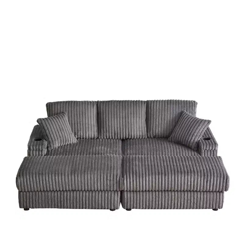 84-Inch Corduroy 3-Seater Sofa with 3 Back Pillows, 2 Toss Pillows, 2 Ottoman, 2 Storage Spaces and Cup-Holding Grooves