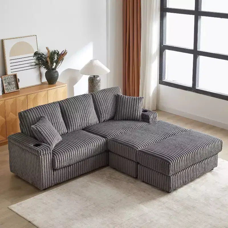 84-Inch Corduroy 3-Seater Sofa with 3 Back Pillows, 2 Toss Pillows, 2 Ottoman, 2 Storage Spaces and Cup-Holding Grooves