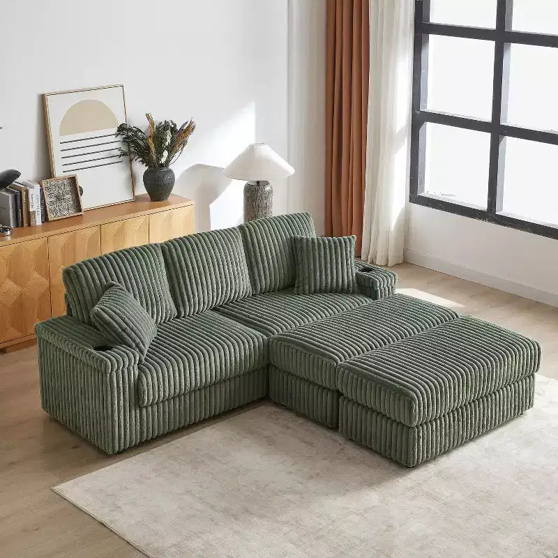 84-Inch Corduroy 3-Seater Sofa with 3 Back Pillows, 2 Toss Pillows, 2 Ottoman, 2 Storage Spaces and Cup-Holding Grooves