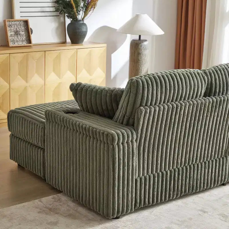 84-Inch Corduroy 3-Seater Sofa with 3 Back Pillows, 2 Toss Pillows, 2 Ottoman, 2 Storage Spaces and Cup-Holding Grooves