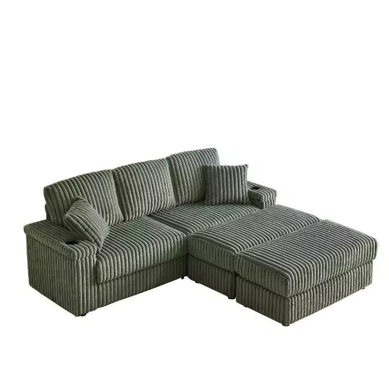 84-Inch Corduroy 3-Seater Sofa with 3 Back Pillows, 2 Toss Pillows, 2 Ottoman, 2 Storage Spaces and Cup-Holding Grooves