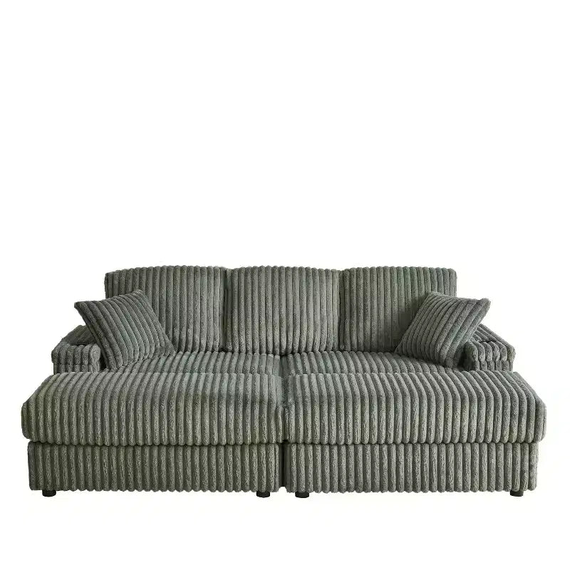 84-Inch Corduroy 3-Seater Sofa with 3 Back Pillows, 2 Toss Pillows, 2 Ottoman, 2 Storage Spaces and Cup-Holding Grooves