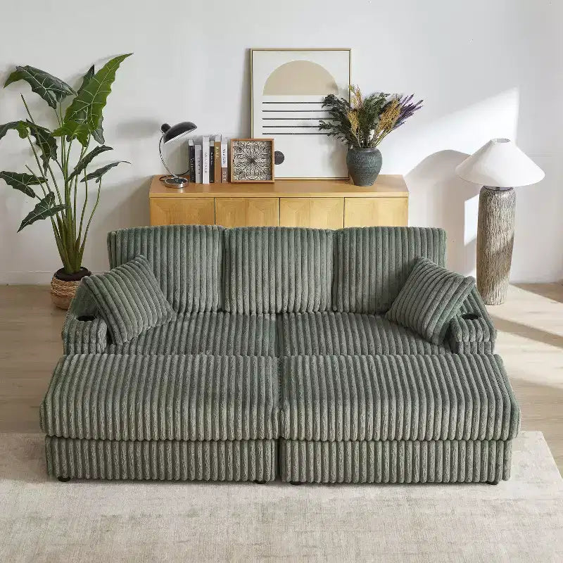 84-Inch Corduroy 3-Seater Sofa with 3 Back Pillows, 2 Toss Pillows, 2 Ottoman, 2 Storage Spaces and Cup-Holding Grooves