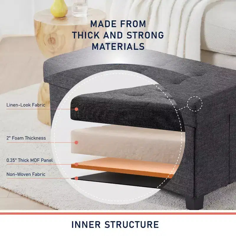 Banc de rangement ottoman pliant matelassé en lin Ornavo Home de 76 cm avec pieds pour chambre, entrée et salon