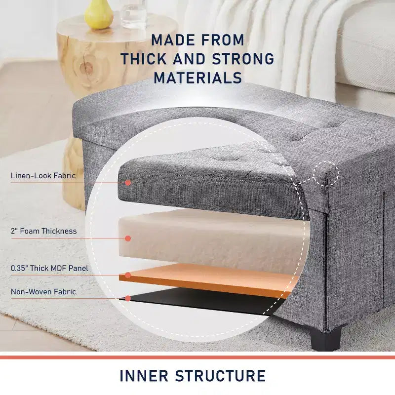 Banc de rangement ottoman pliant matelassé en lin Ornavo Home de 76 cm avec pieds pour chambre, entrée et salon
