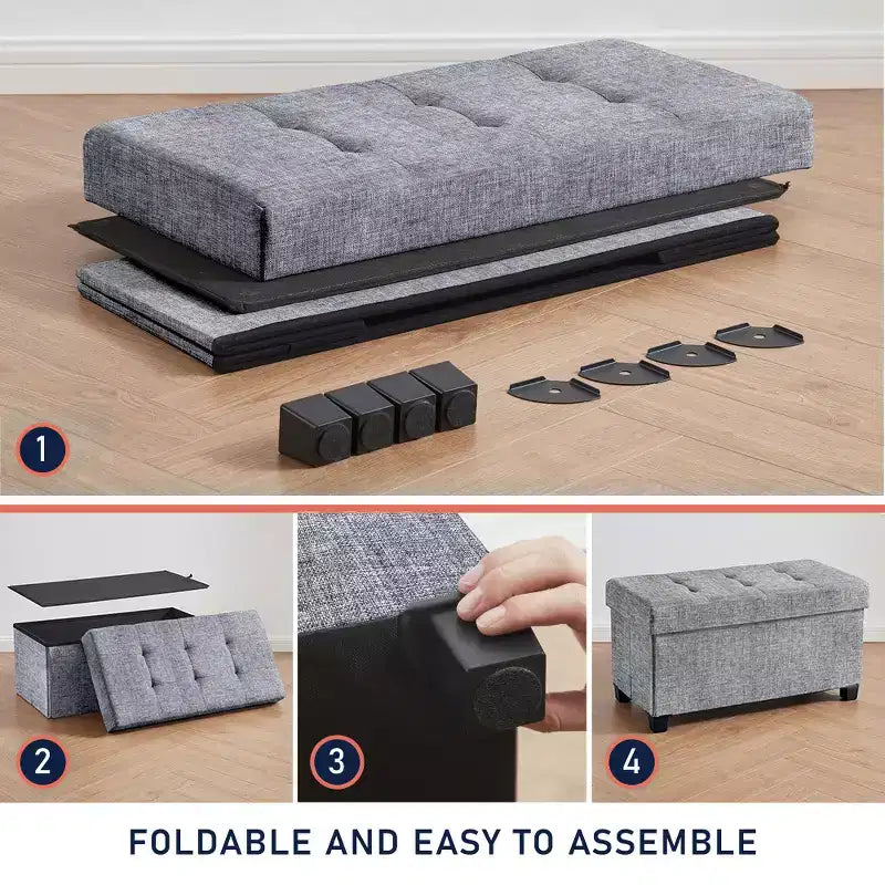 Banc de rangement ottoman pliant matelassé en lin Ornavo Home de 76 cm avec pieds pour chambre, entrée et salon