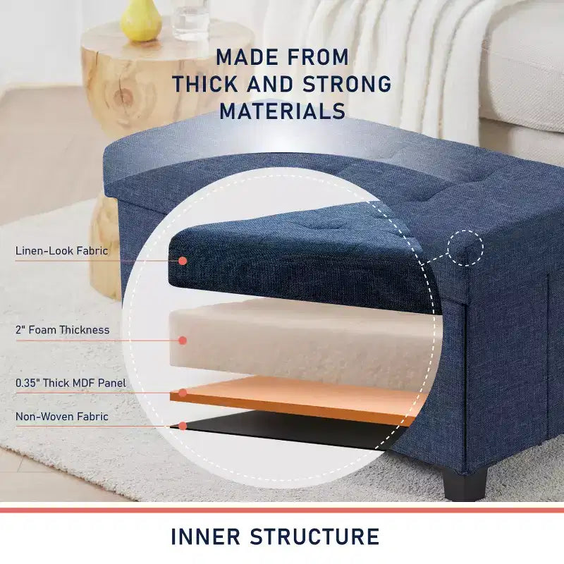 Banc de rangement ottoman pliant matelassé en lin Ornavo Home de 76 cm avec pieds pour chambre, entrée et salon