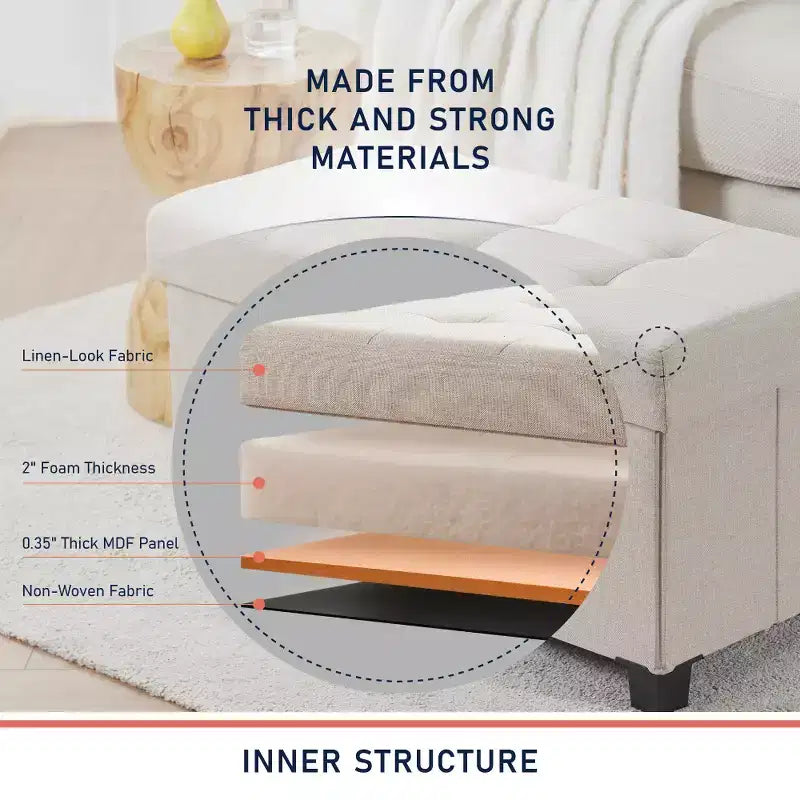 Banc de rangement ottoman pliant matelassé en lin Ornavo Home de 76 cm avec pieds pour chambre, entrée et salon