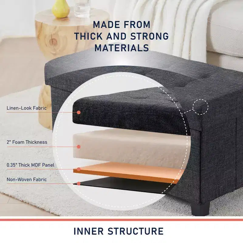 Banc de rangement ottoman pliant matelassé en lin Ornavo Home de 76 cm avec pieds pour chambre, entrée et salon