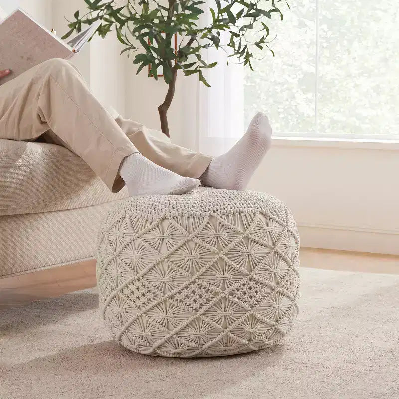 Pouf ottoman tressé en macramé de coton Ornavo Home - 18,5 x 15