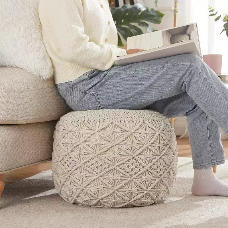 Pouf ottoman tressé en macramé de coton Ornavo Home - 18,5 x 15
