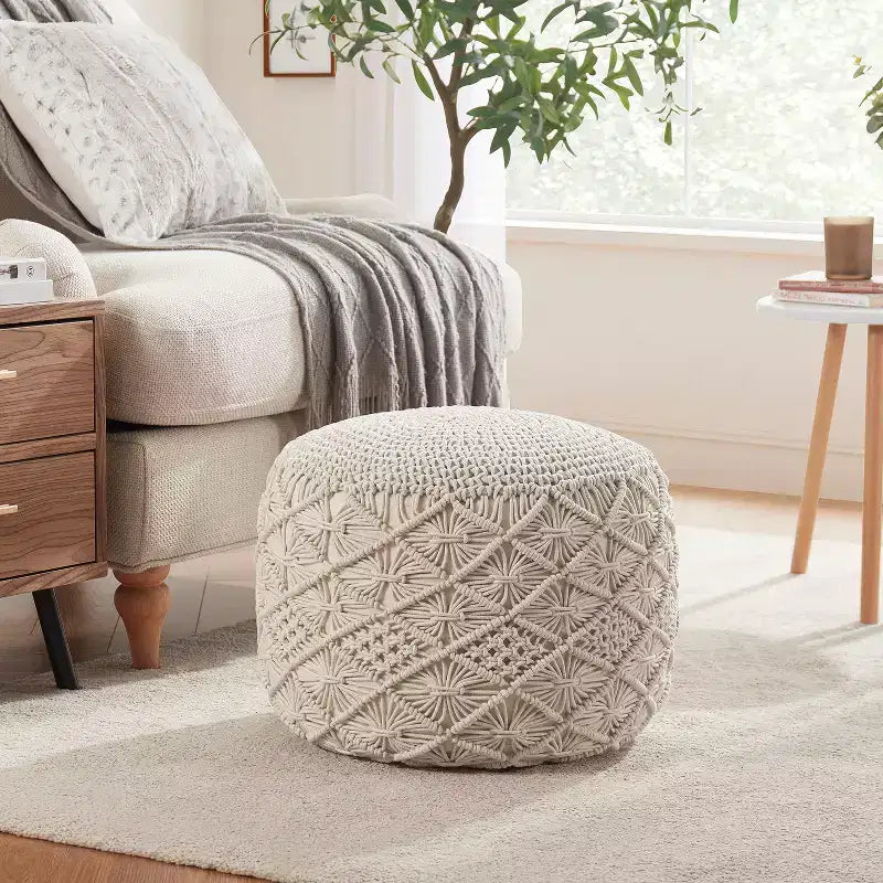 Pouf ottoman tressé en macramé de coton Ornavo Home - 18,5 x 15