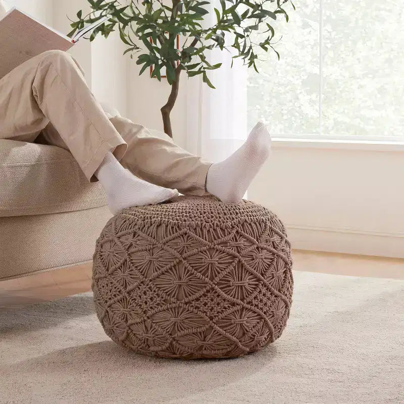 Pouf ottoman tressé en macramé de coton Ornavo Home - 18,5 x 15