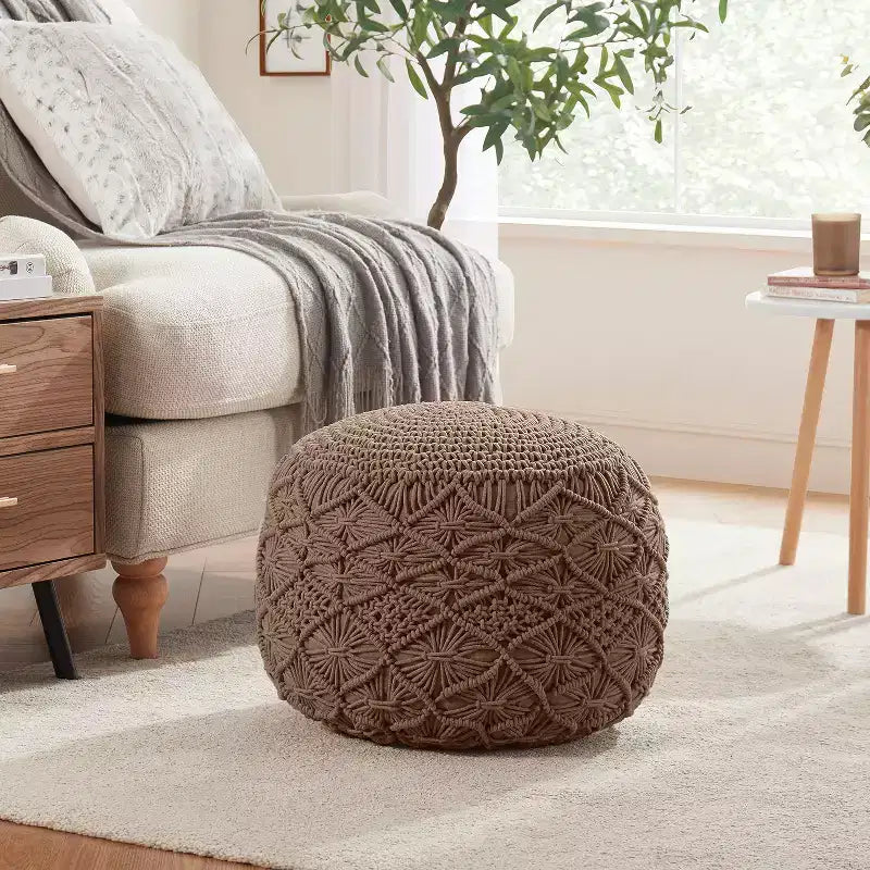 Pouf ottoman tressé en macramé de coton Ornavo Home - 18,5 x 15