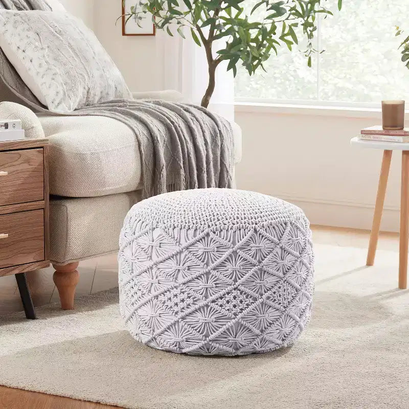 Pouf ottoman tressé en macramé de coton Ornavo Home - 18,5 x 15