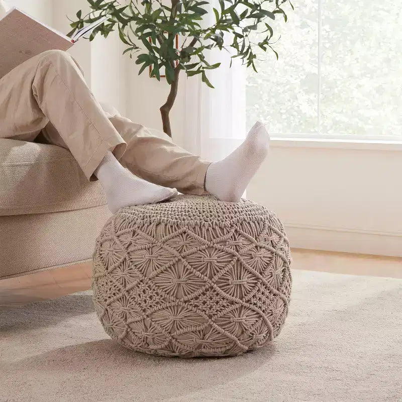 Pouf ottoman tressé en macramé de coton Ornavo Home - 18,5 x 15