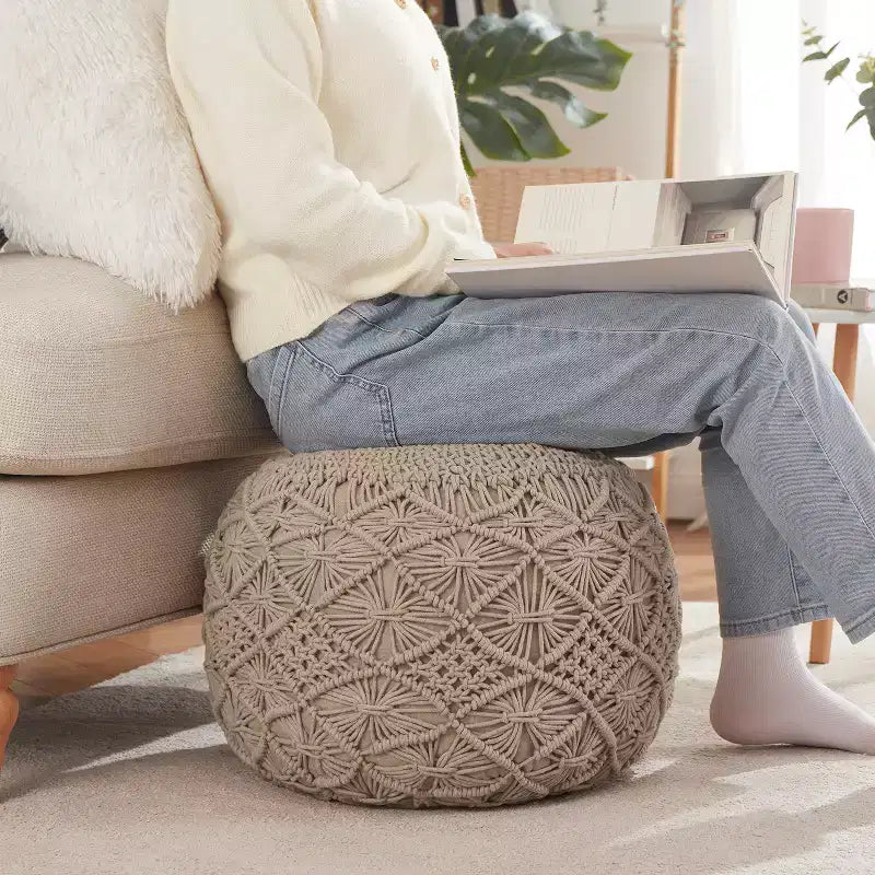 Pouf ottoman tressé en macramé de coton Ornavo Home - 18,5 x 15