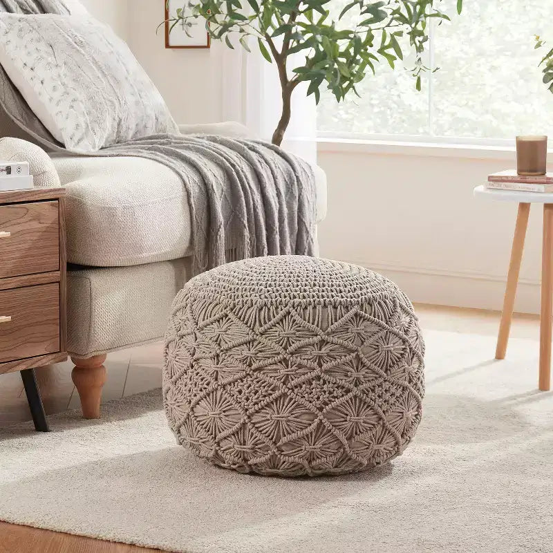 Pouf ottoman tressé en macramé de coton Ornavo Home - 18,5 x 15