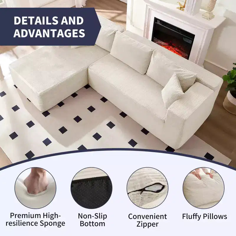 Mjkone 106'' Modern 2-Piece Corduroy Free Combination L-Shaped Sofa Deep Seat,Upholstered Chaise Sectional Sofas With Left Chaise