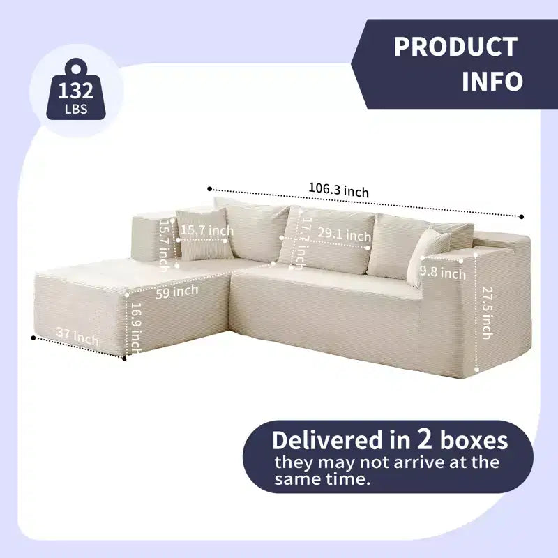 Mjkone 106'' Modern 2-Piece Corduroy Free Combination L-Shaped Sofa Deep Seat,Upholstered Chaise Sectional Sofas With Left Chaise